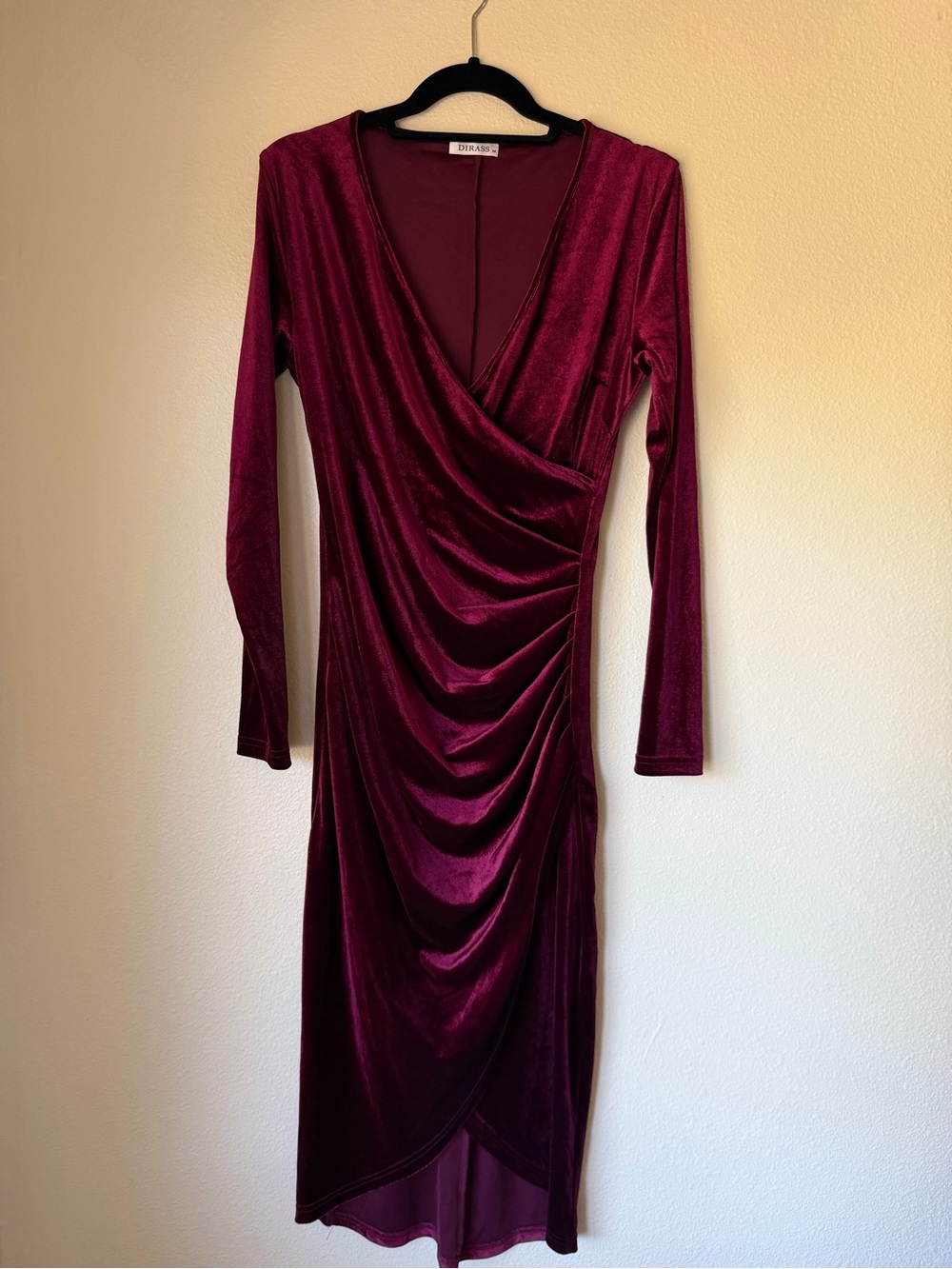 Deep Burgundy Velvet Wrap Midi Dress - size Medium